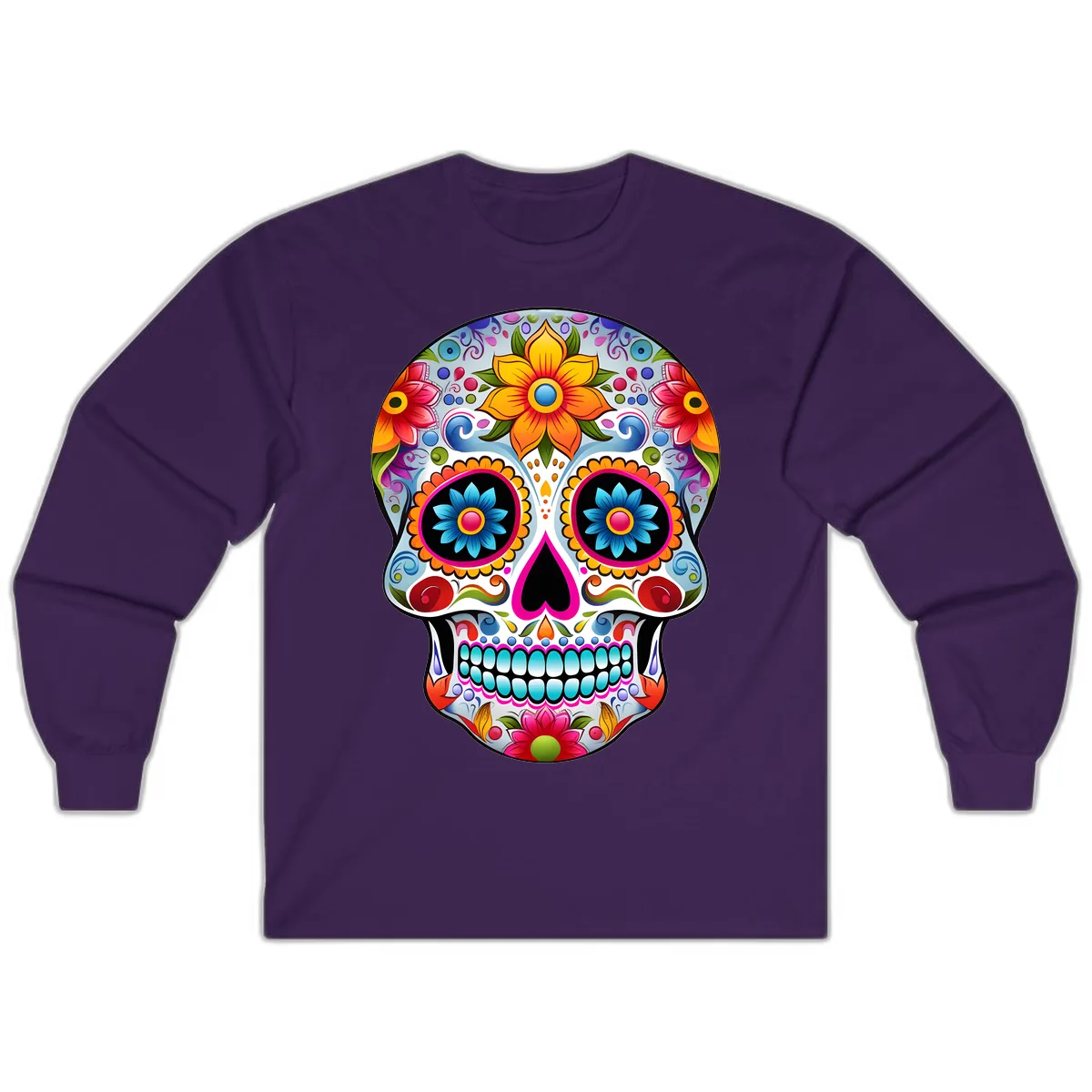 Vibrant Floral Calavera Sugar Skull Long Sleeve in Purple