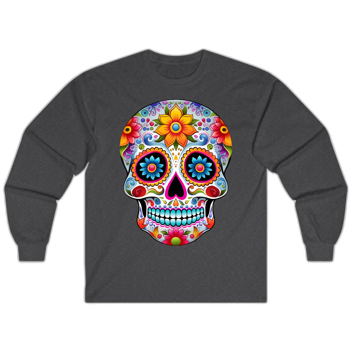 Vibrant Floral Calavera Sugar Skull Long Sleeve in Dark Heather