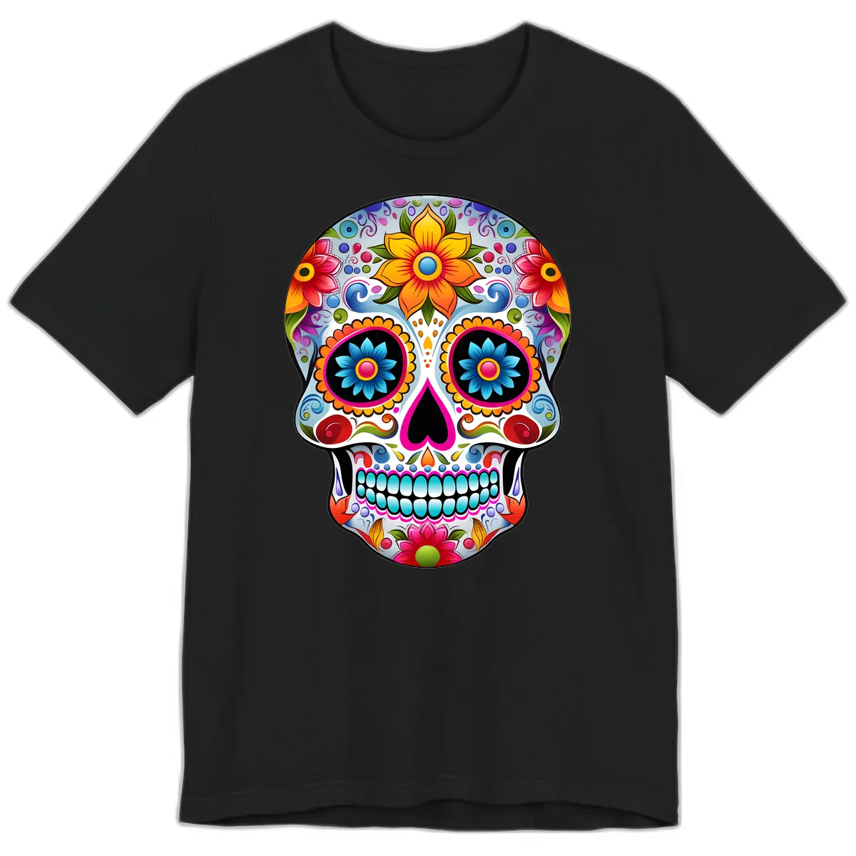 Vibrant Floral Calavera Sugar Skull Premium T-Shirt in Black