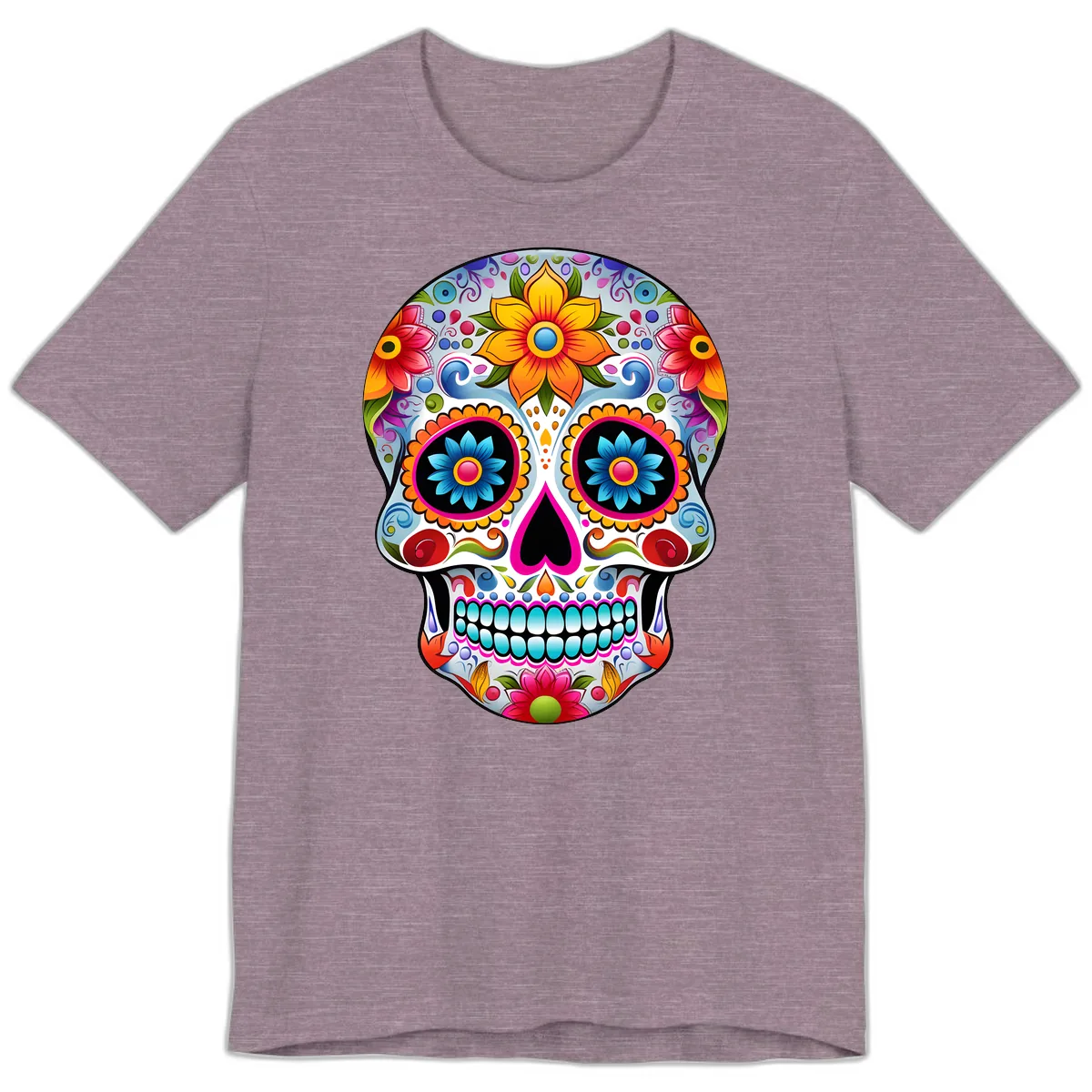 Vibrant Floral Calavera Sugar Skull Premium T-Shirt in Heather Purple