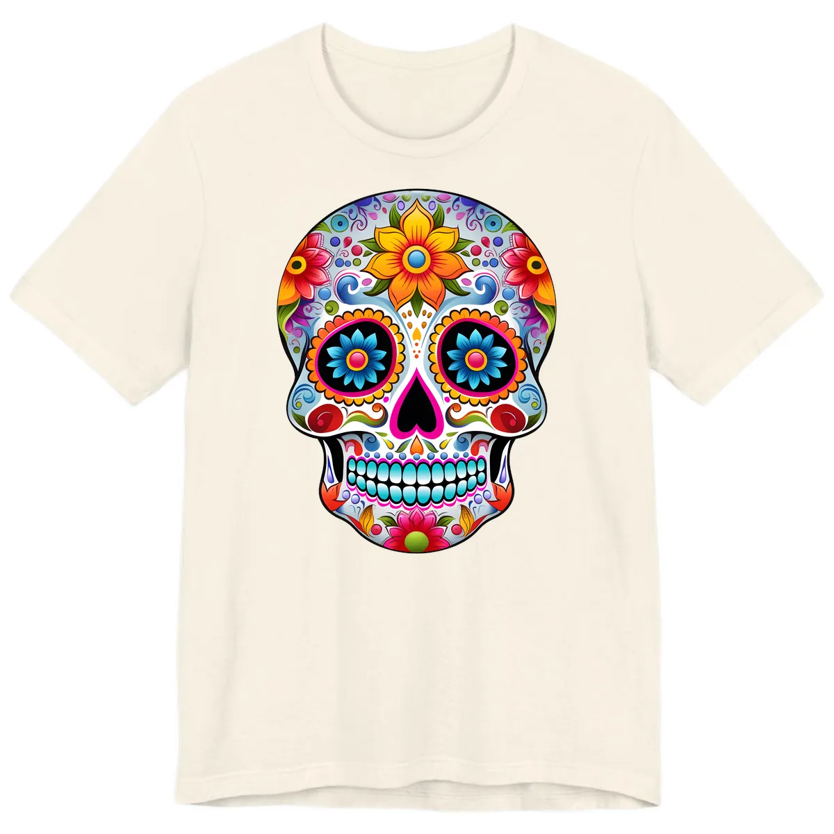 Vibrant Floral Calavera Sugar Skull Premium T-Shirt in Natural