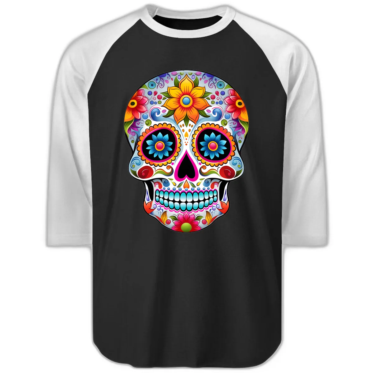 Vibrant Floral Calavera Sugar Skull Raglan 3/4 in Black White