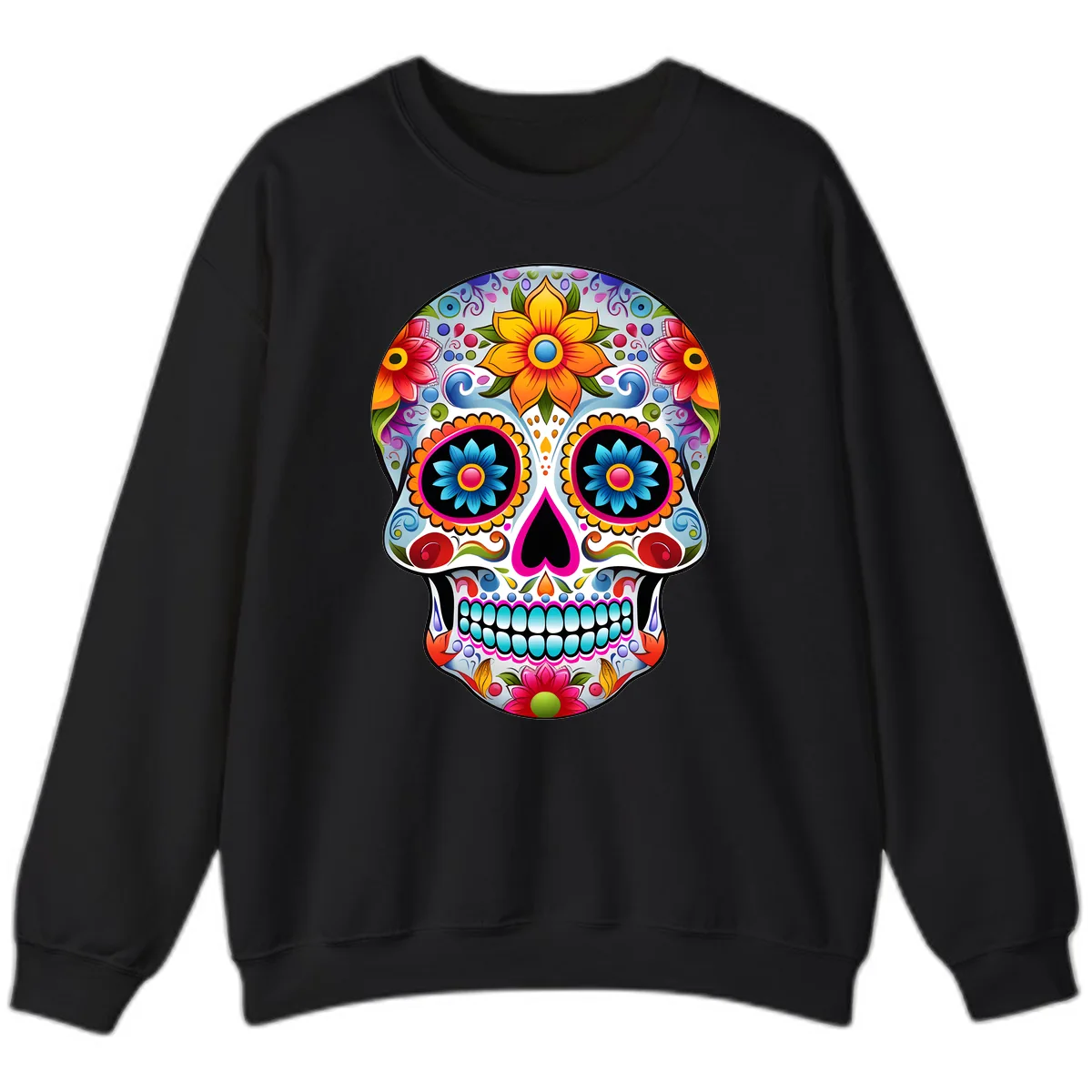 Vibrant Floral Calavera Sugar Skull Sweatshirt in Black