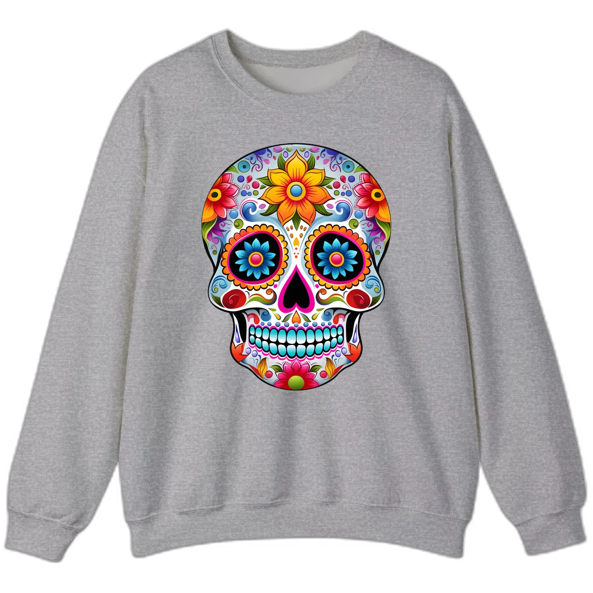Vibrant Floral Calavera Sugar Skull Sweatshirt in Sport Grey
