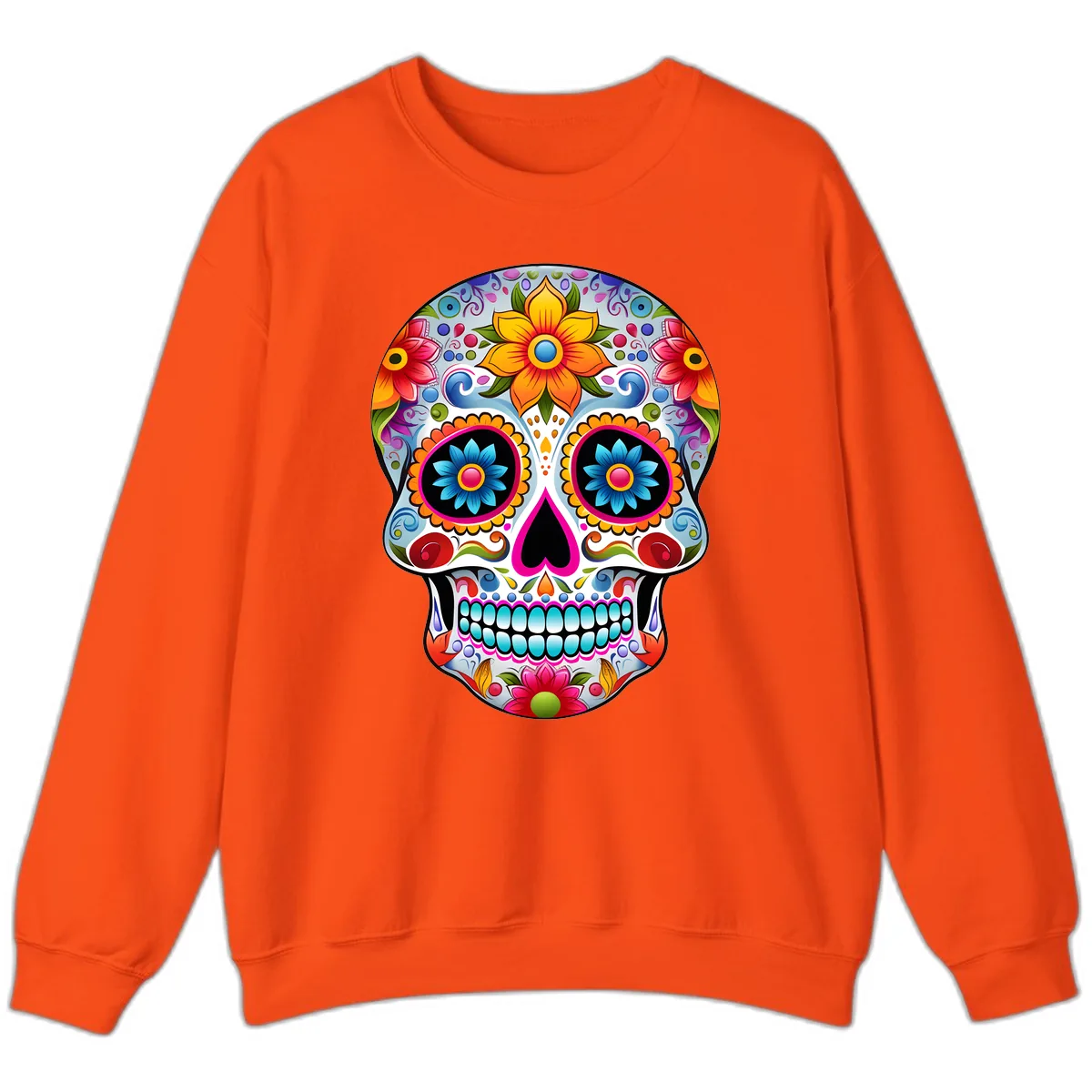 Vibrant Floral Calavera Sugar Skull Sweatshirt in Orange
