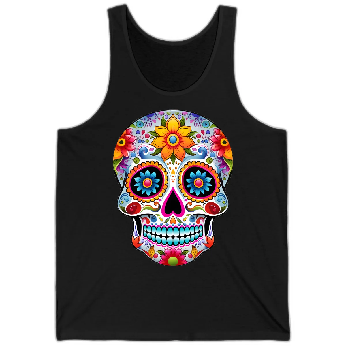 Vibrant Floral Calavera Sugar Skull Tank in Black