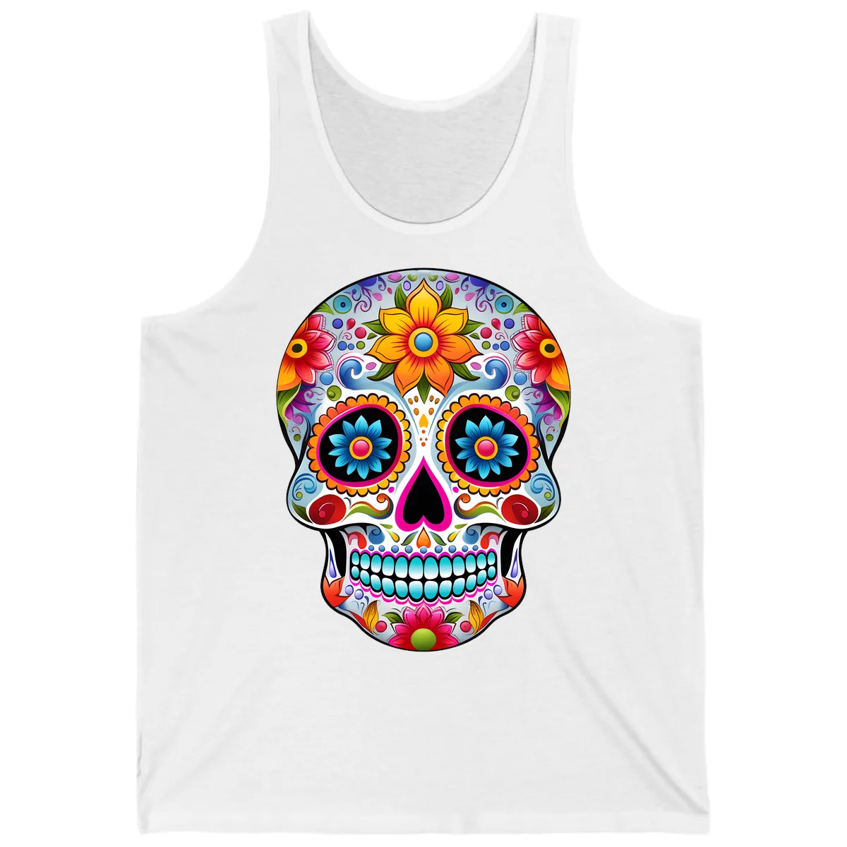 Vibrant Floral Calavera Sugar Skull Tank in White