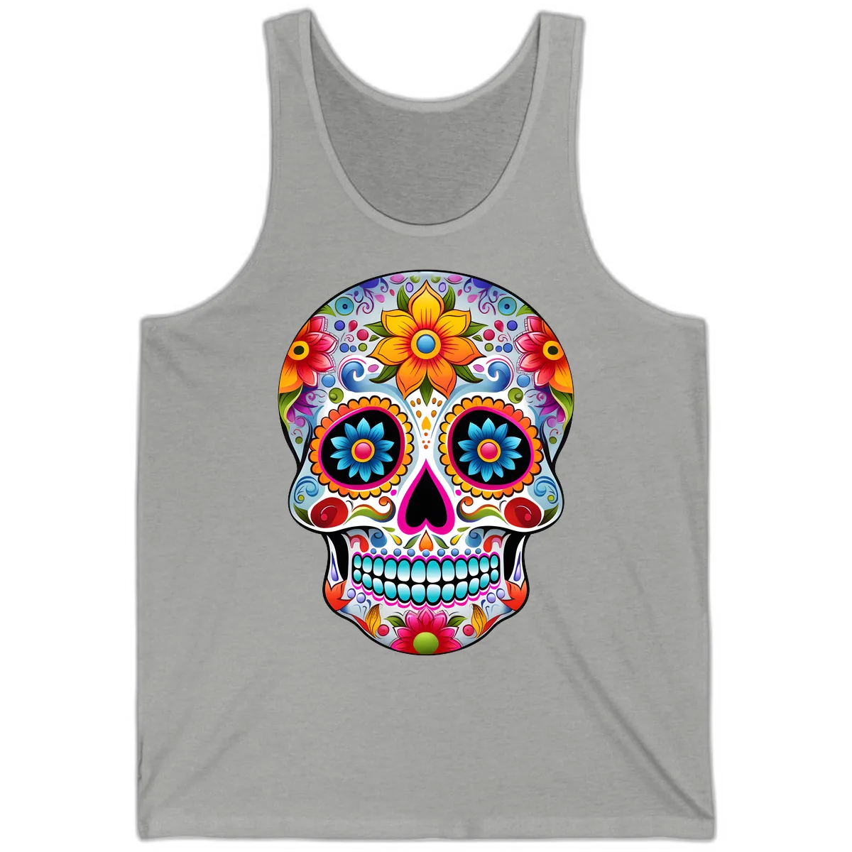 Vibrant Floral Calavera Sugar Skull Tank in Athletic Heather