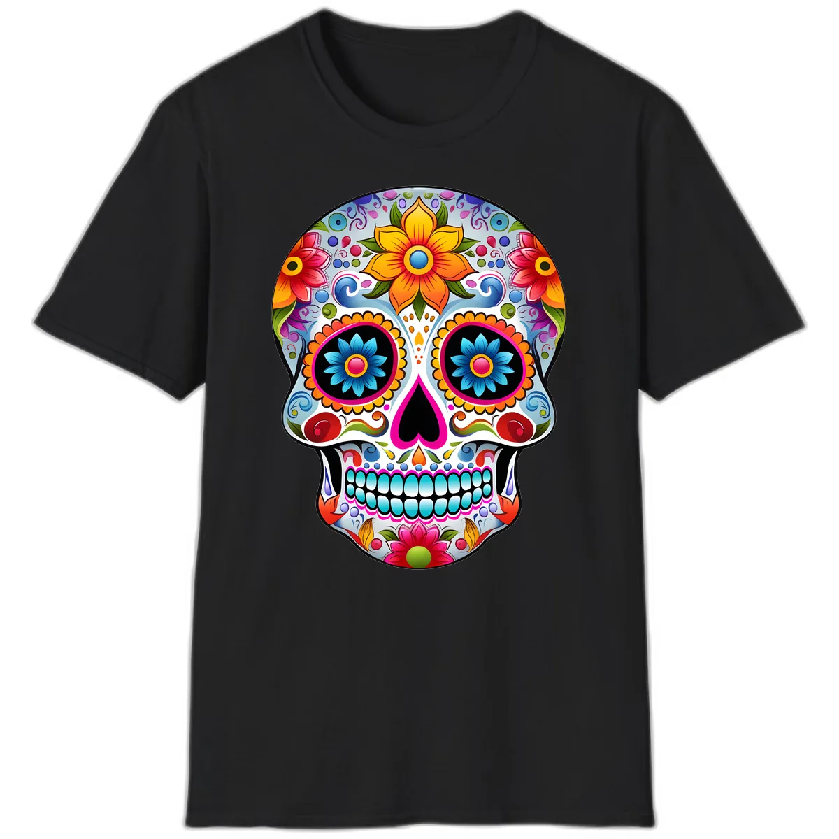 Vibrant Floral Calavera Sugar Skull T-Shirt in Black