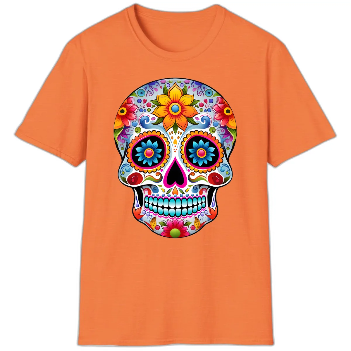 Vibrant Floral Calavera Sugar Skull T-Shirt in Heather Orange