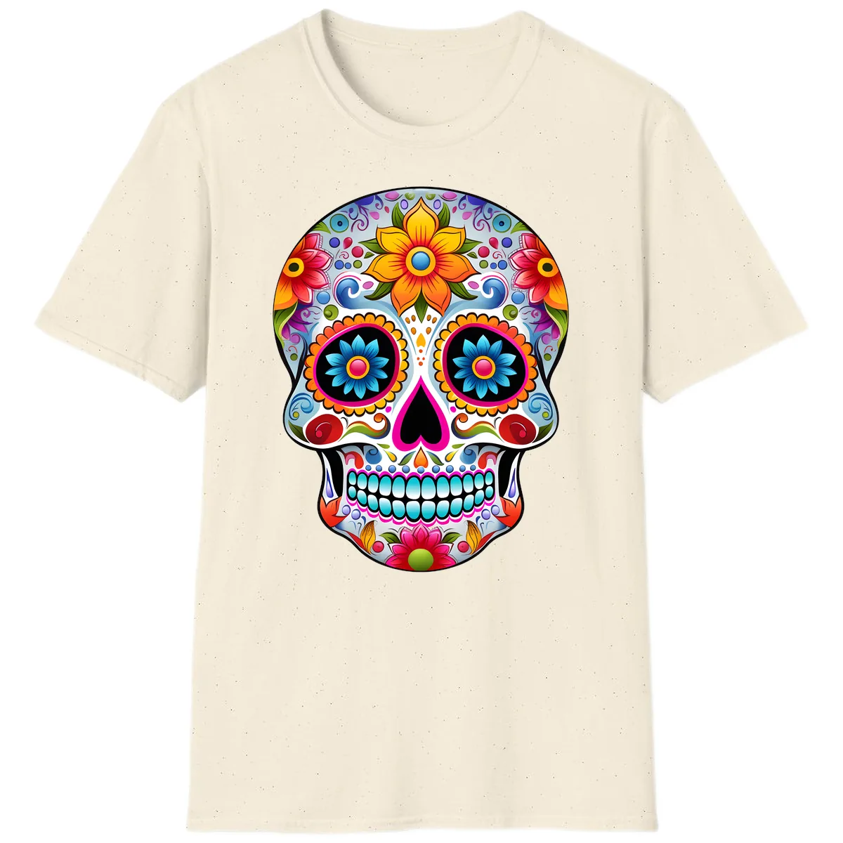 Vibrant Floral Calavera Sugar Skull T-Shirt in Natural