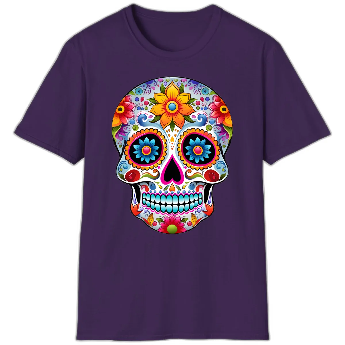 Vibrant Floral Calavera Sugar Skull T-Shirt in Purple