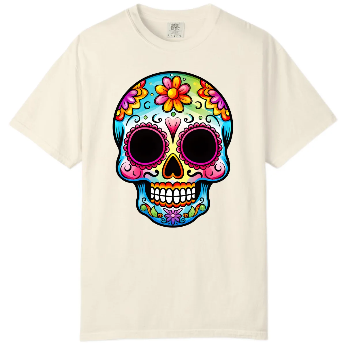 Vibrant Floral Calavera Sugar Skull Design Comfort Color in Ivory
