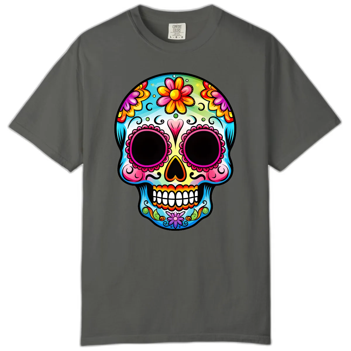 Vibrant Floral Calavera Sugar Skull Design Comfort Color in Pepper