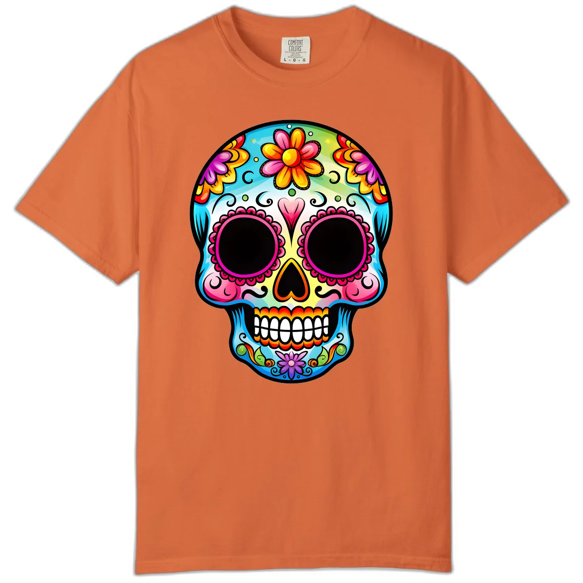 Vibrant Floral Calavera Sugar Skull Design Comfort Color in Burnt Orange