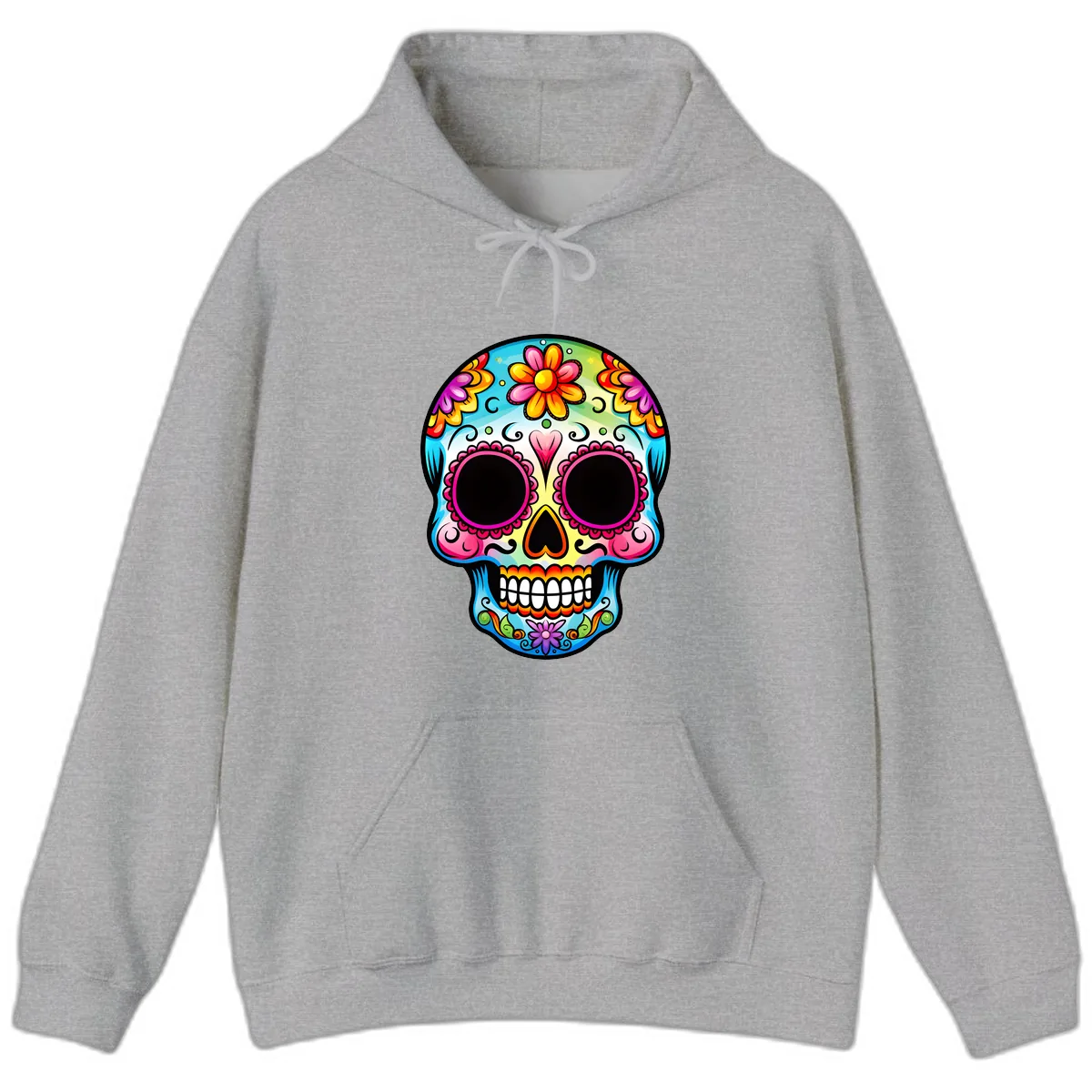 Vibrant Floral Calavera Sugar Skull Design Hoodie in Sport Grey