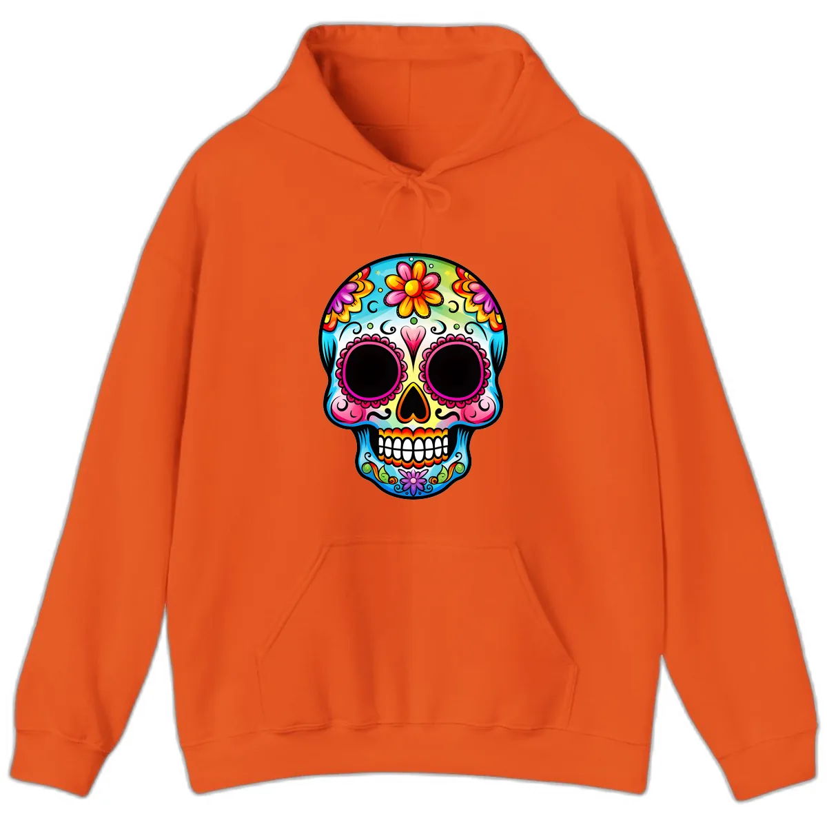 Vibrant Floral Calavera Sugar Skull Design Hoodie in Orange