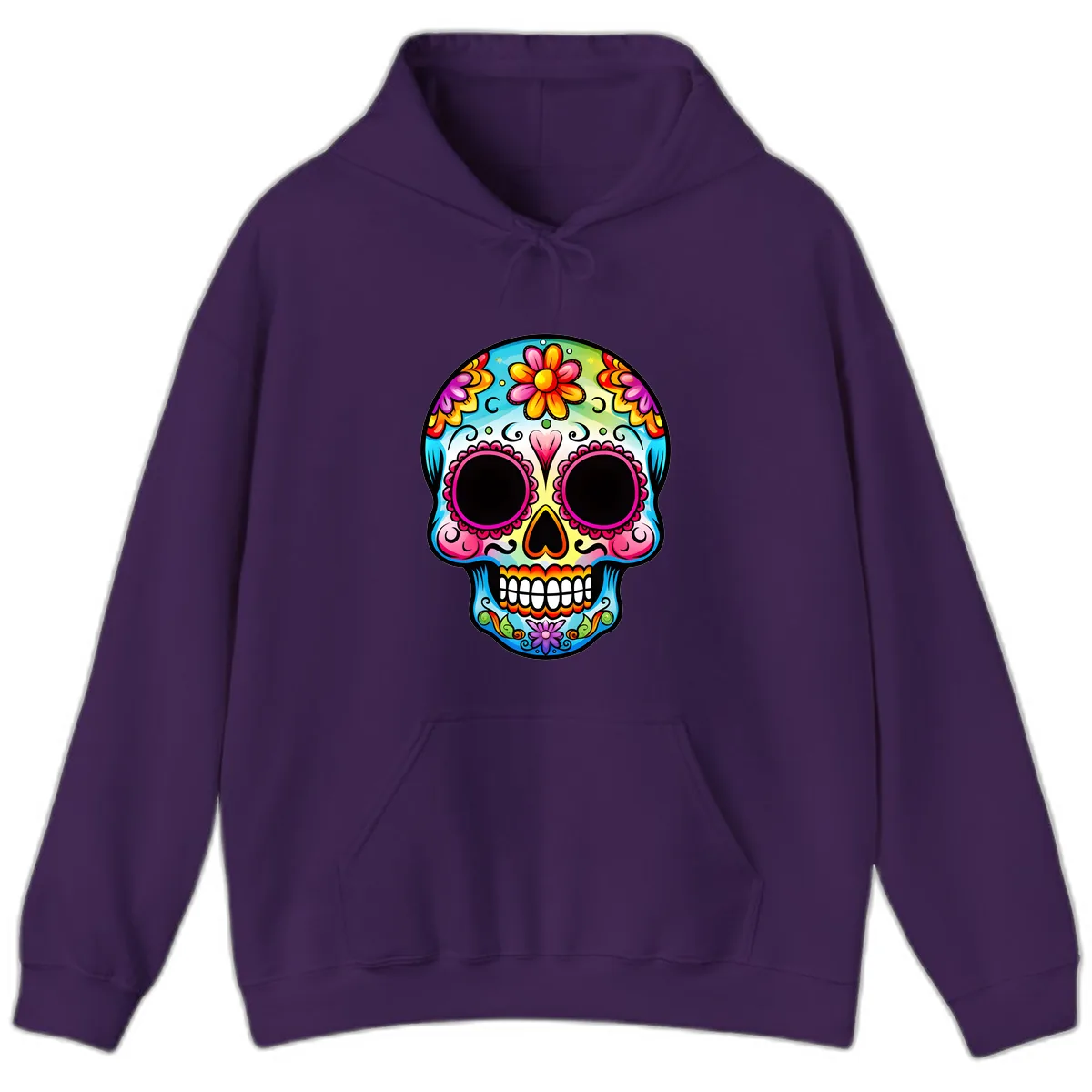 Vibrant Floral Calavera Sugar Skull Design Hoodie in Purple