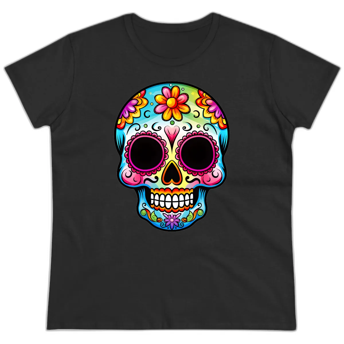 Vibrant Floral Calavera Sugar Skull Design Ladies Tee in Black