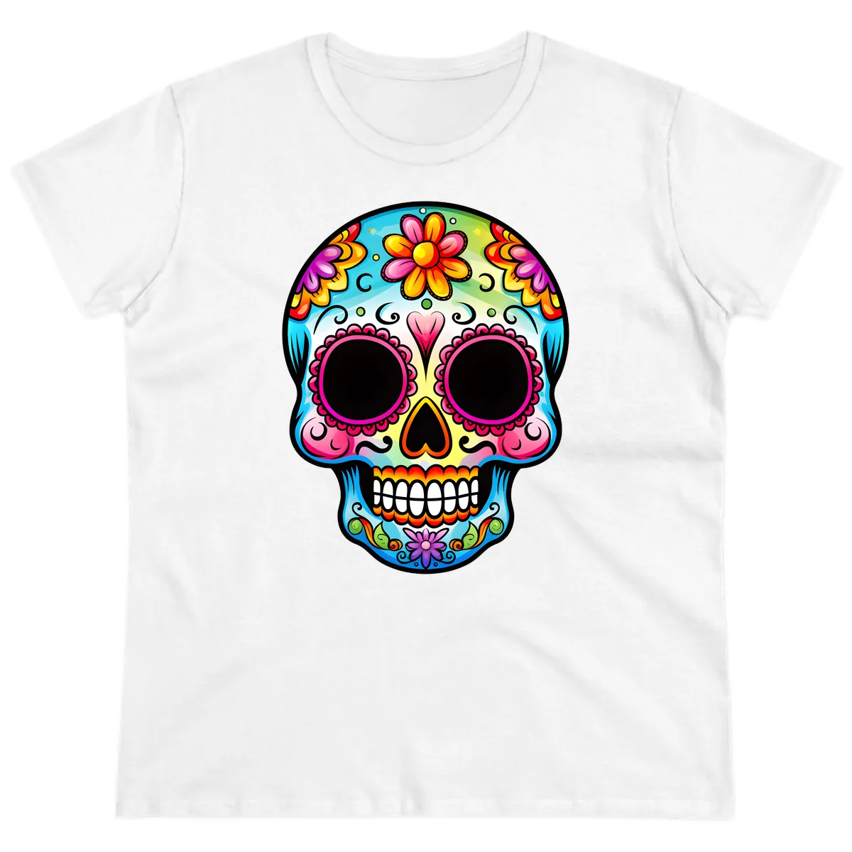Vibrant Floral Calavera Sugar Skull Design Ladies Tee in White