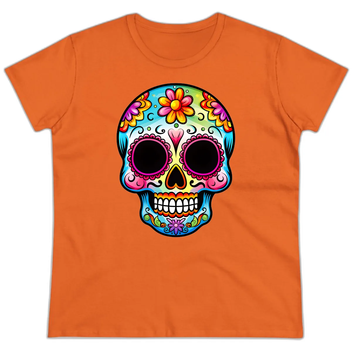 Vibrant Floral Calavera Sugar Skull Design Ladies Tee in Orange