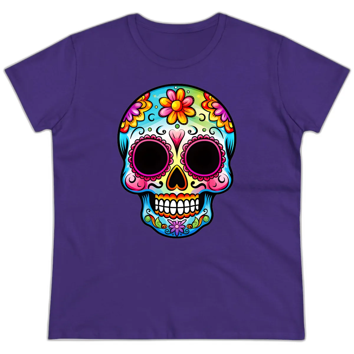 Vibrant Floral Calavera Sugar Skull Design Ladies Tee in Purple