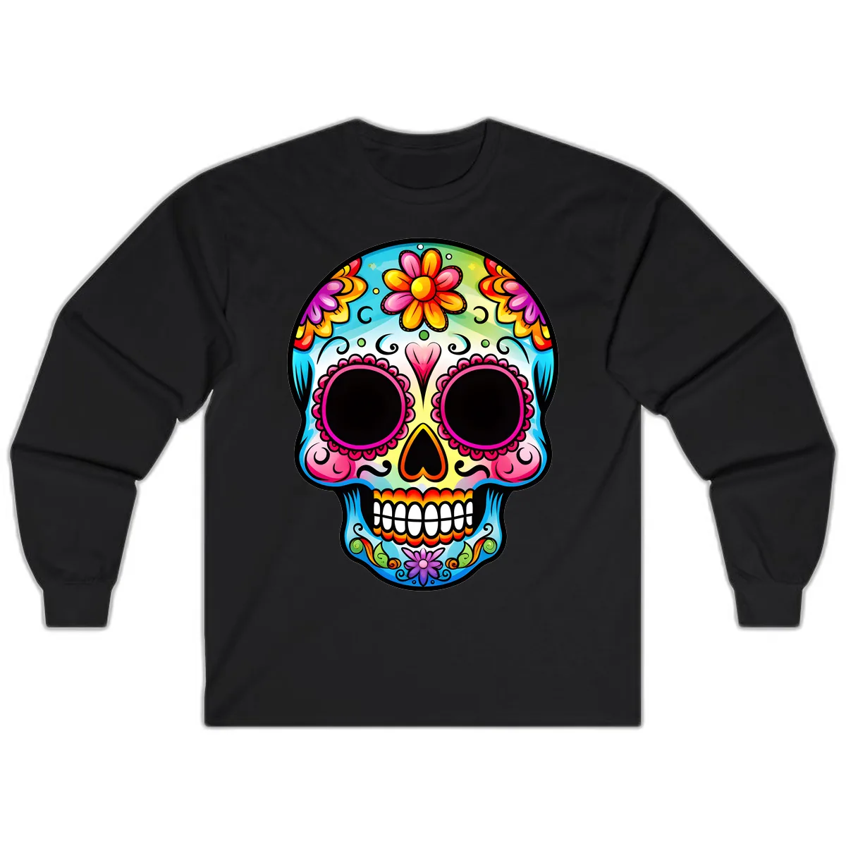 Vibrant Floral Calavera Sugar Skull Design Long Sleeve in Black