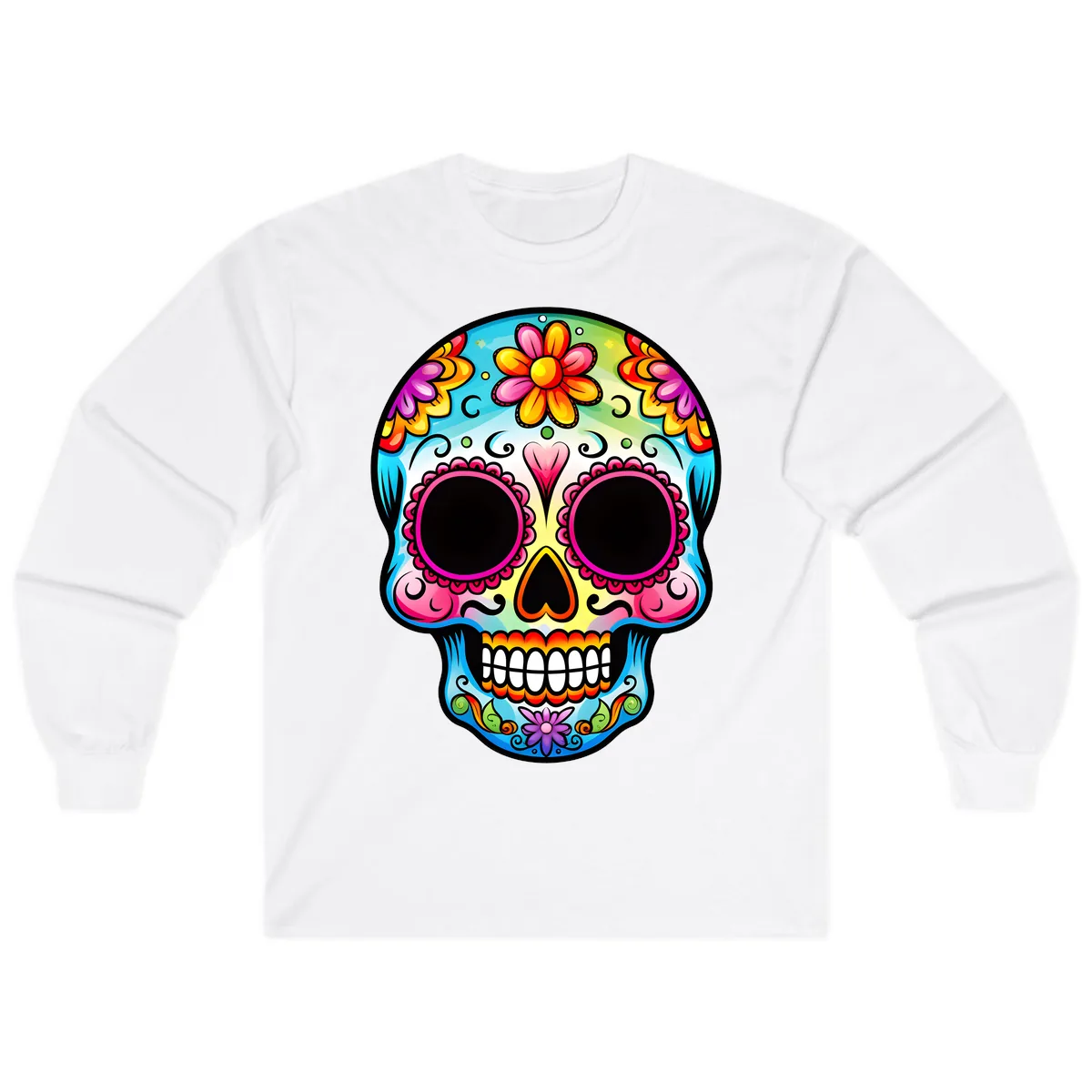 Vibrant Floral Calavera Sugar Skull Design Long Sleeve in White