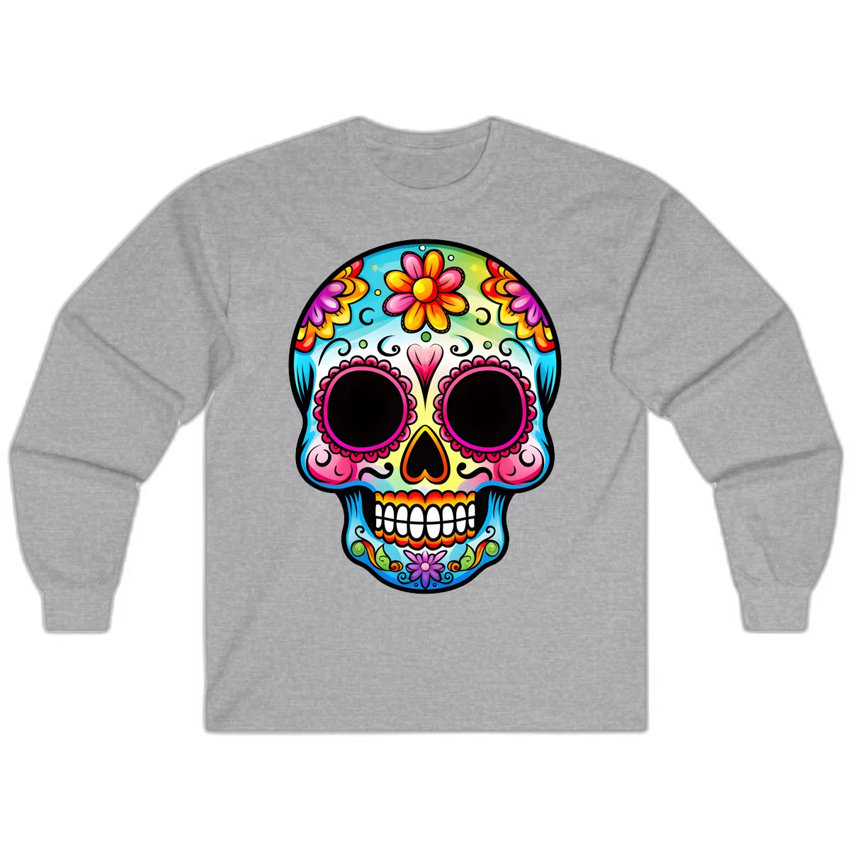 Vibrant Floral Calavera Sugar Skull Design Long Sleeve in Sport Grey