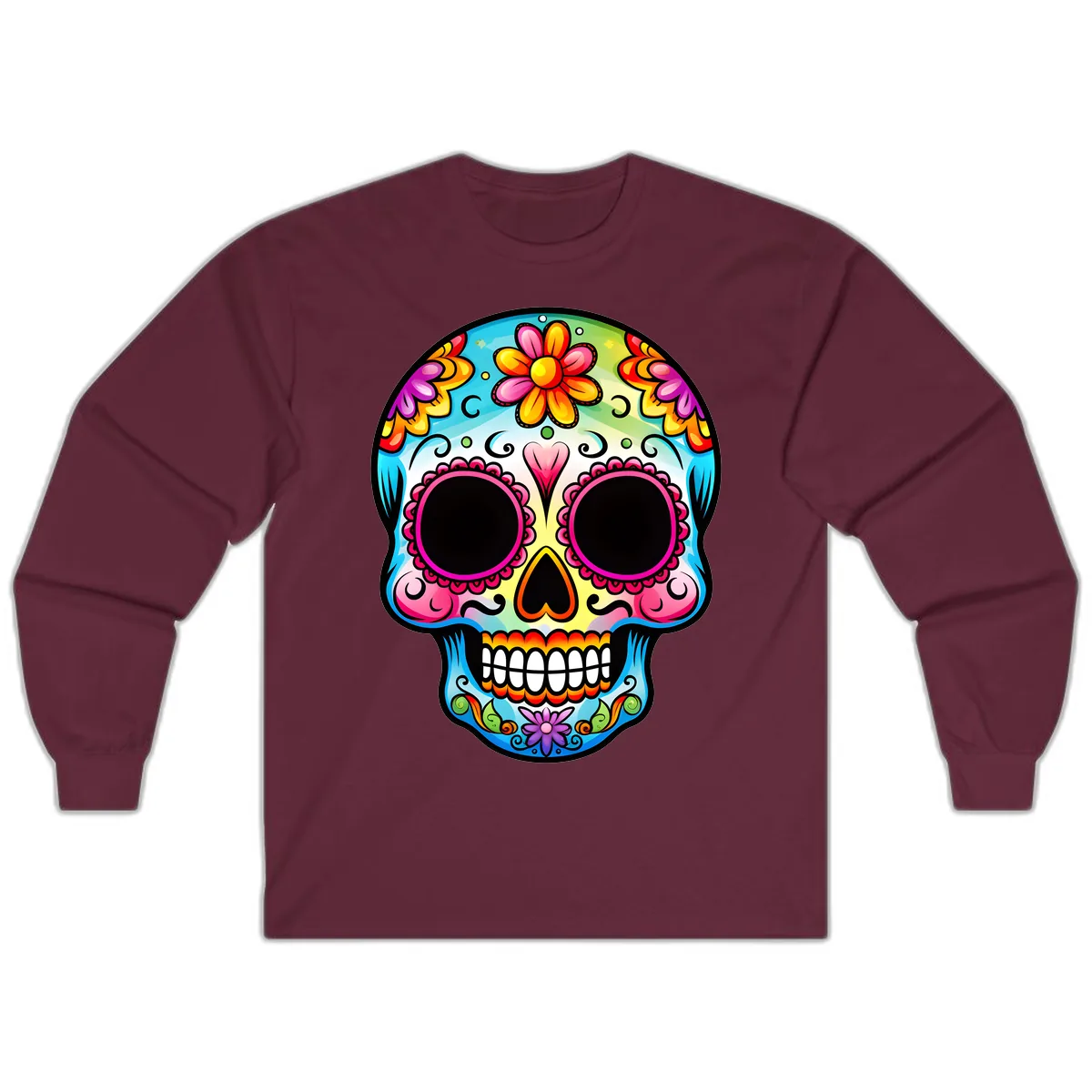 Vibrant Floral Calavera Sugar Skull Design Long Sleeve in Maroon