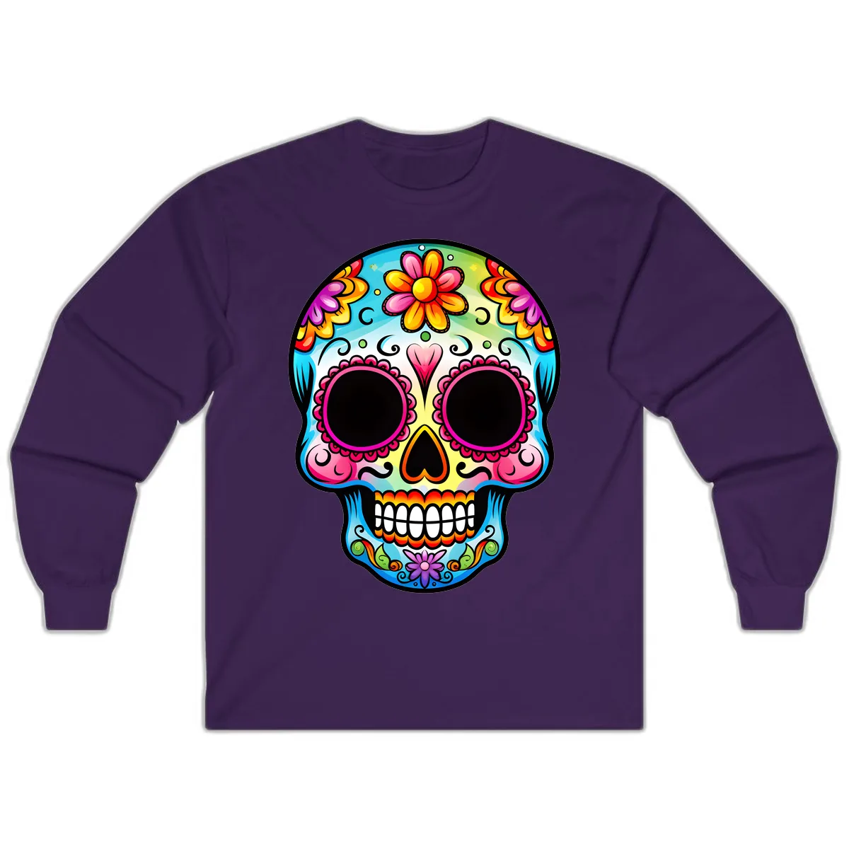 Vibrant Floral Calavera Sugar Skull Design Long Sleeve in Purple