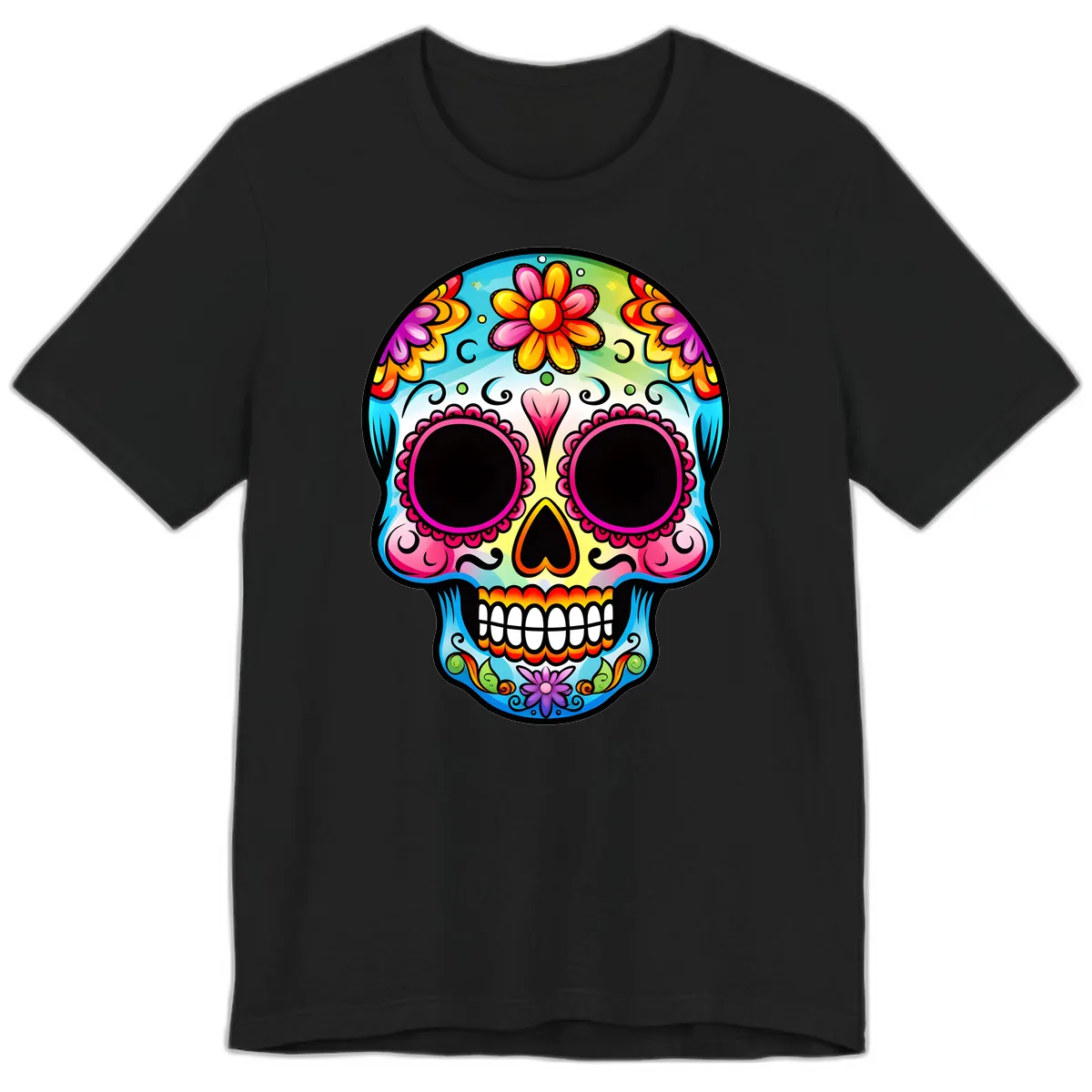 Vibrant Floral Calavera Sugar Skull Design Premium T-Shirt in Black