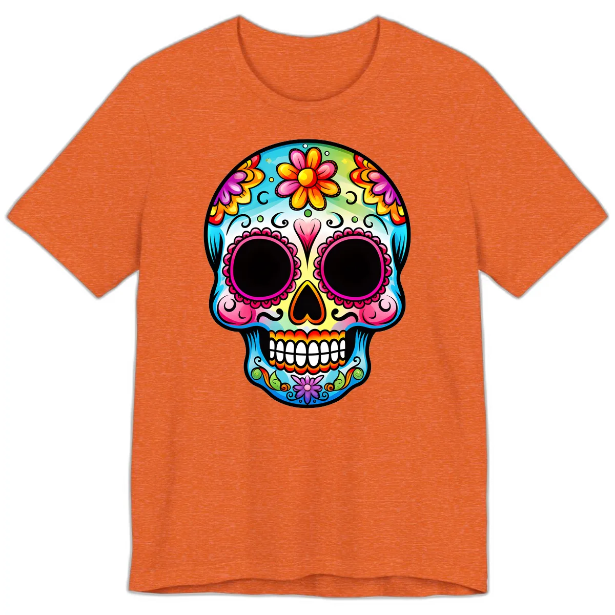 Vibrant Floral Calavera Sugar Skull Design Premium T-Shirt in Heather Orange