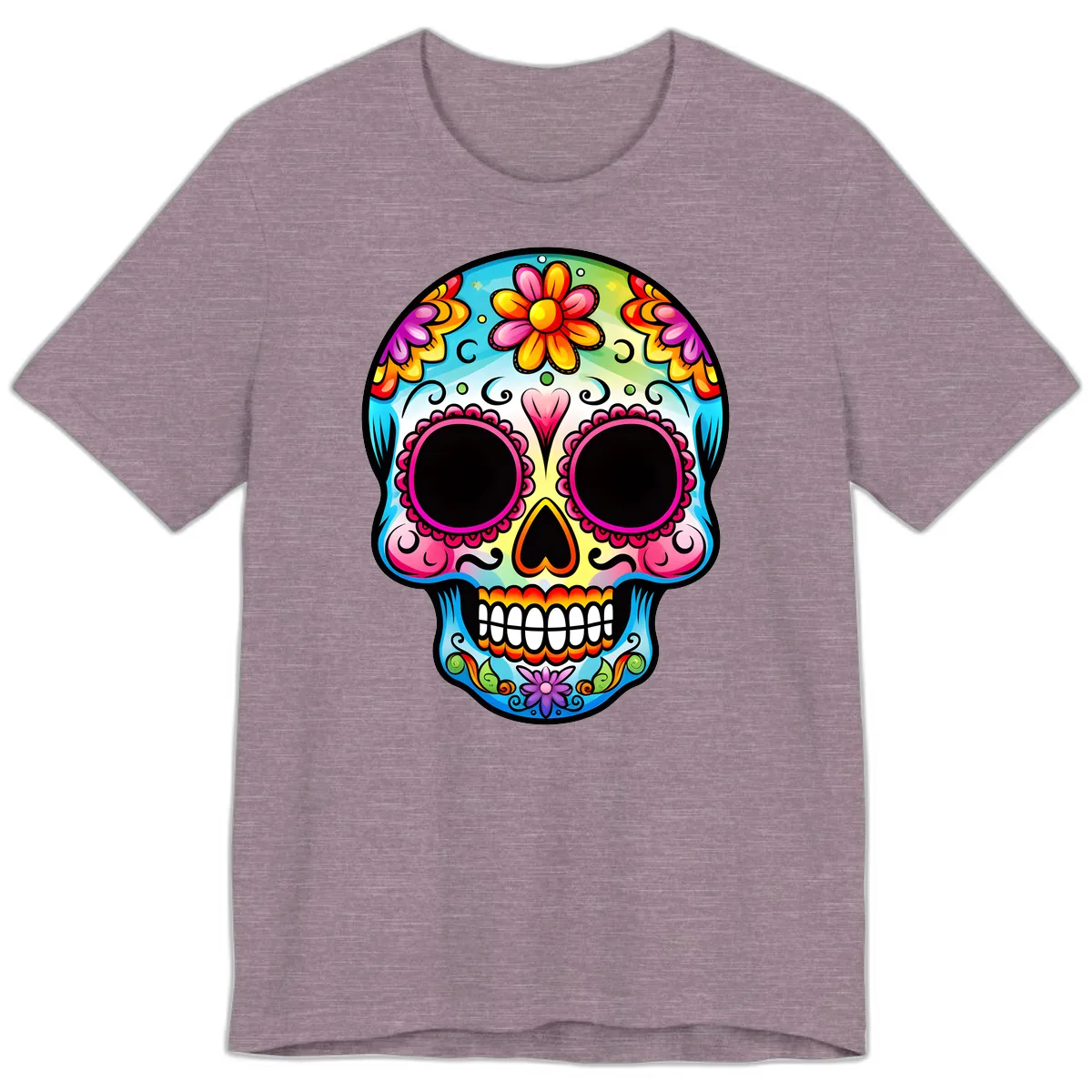 Vibrant Floral Calavera Sugar Skull Design Premium T-Shirt in Heather Purple