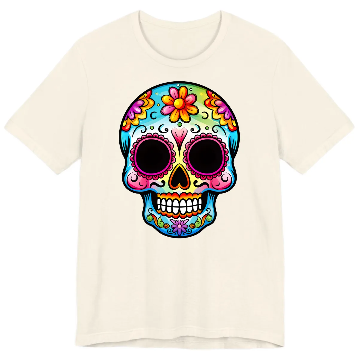 Vibrant Floral Calavera Sugar Skull Design Premium T-Shirt in Natural