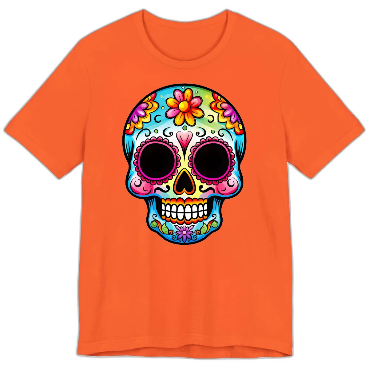 Vibrant Floral Calavera Sugar Skull Design Premium T-Shirt in Orange