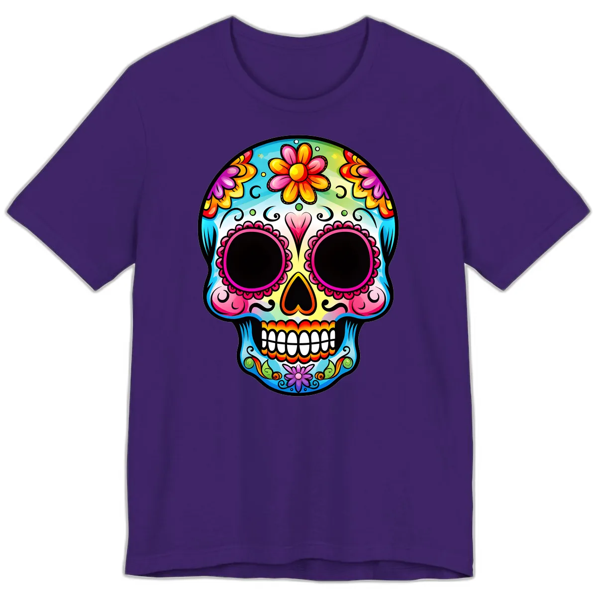 Vibrant Floral Calavera Sugar Skull Design Premium T-Shirt in Team Purple