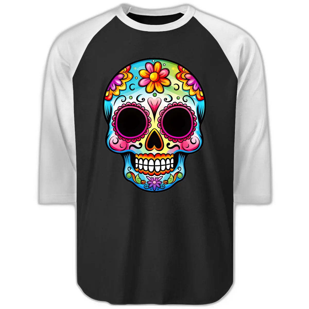 Vibrant Floral Calavera Sugar Skull Design Raglan 3/4 in Black White
