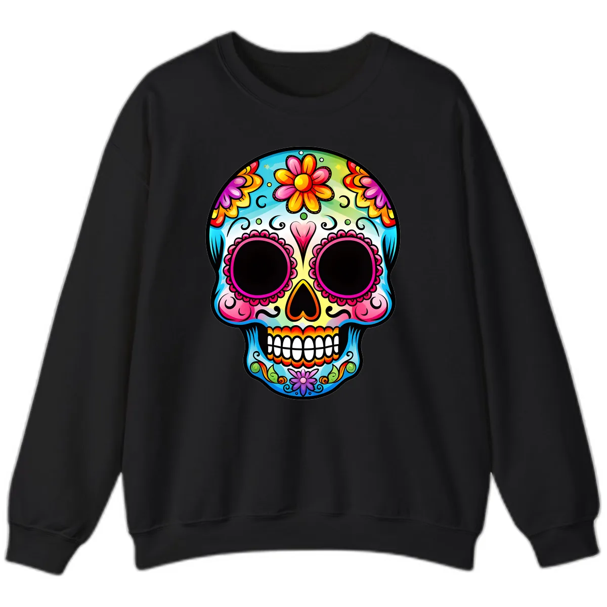 Vibrant Floral Calavera Sugar Skull Design Sweatshirt in Black