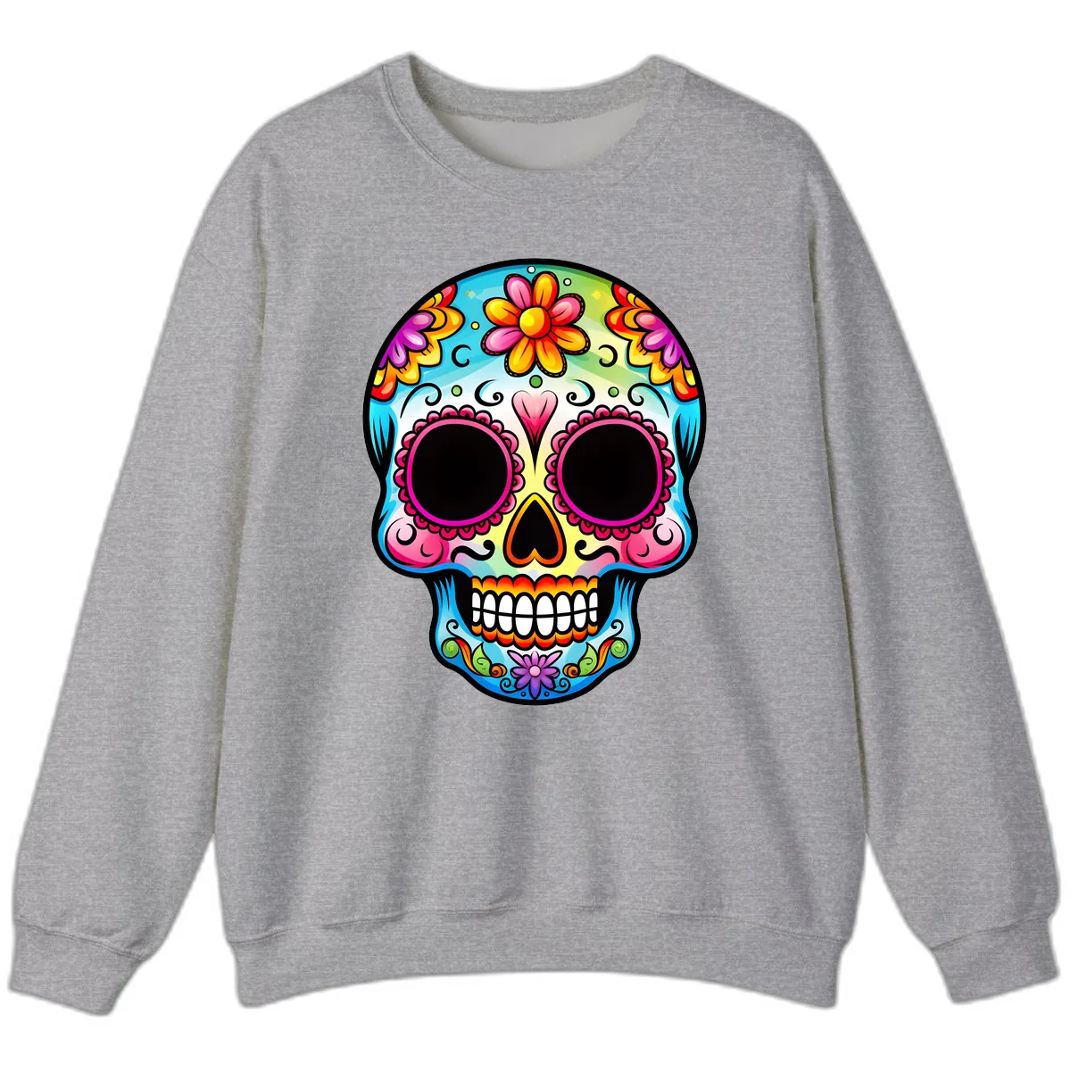 Vibrant Floral Calavera Sugar Skull Design Sweatshirt in Sport Grey