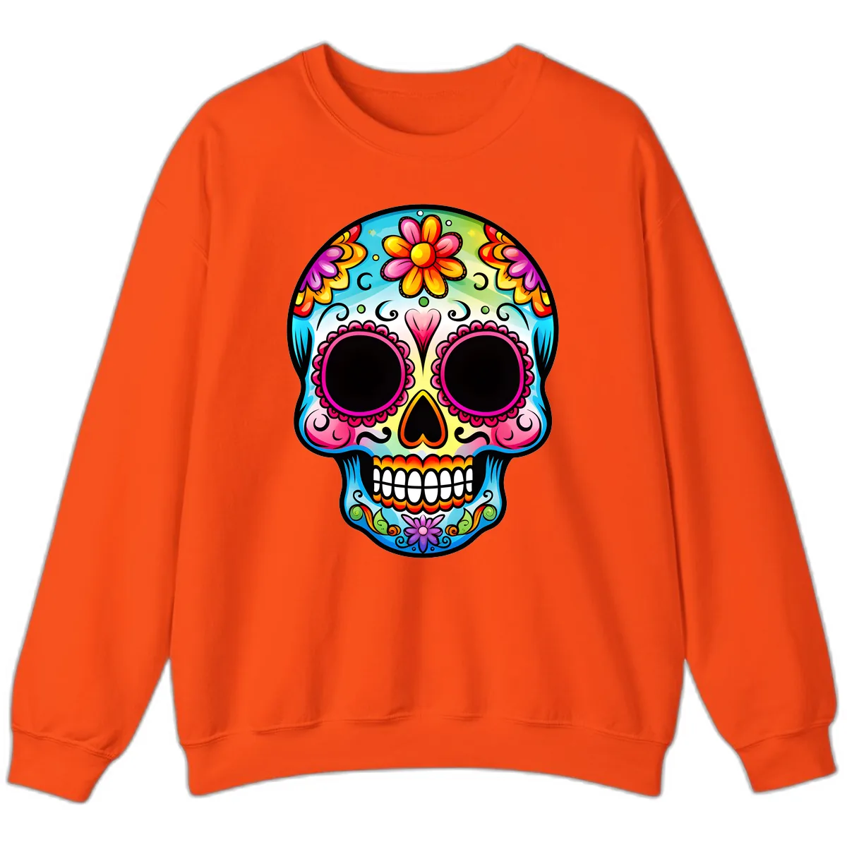 Vibrant Floral Calavera Sugar Skull Design Sweatshirt in Orange