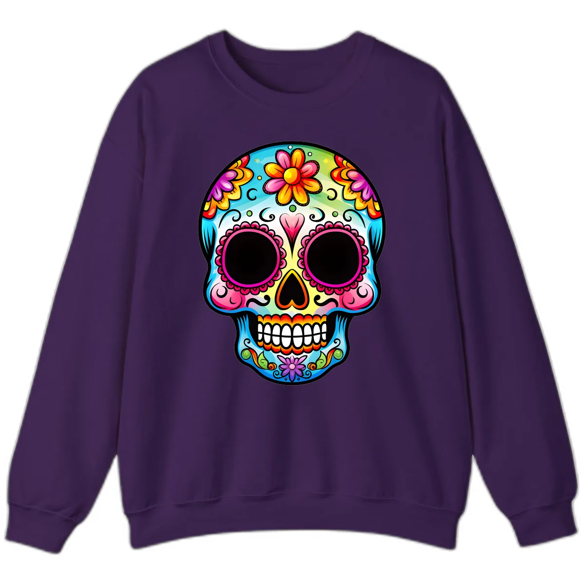 Vibrant Floral Calavera Sugar Skull Design Sweatshirt in Purple