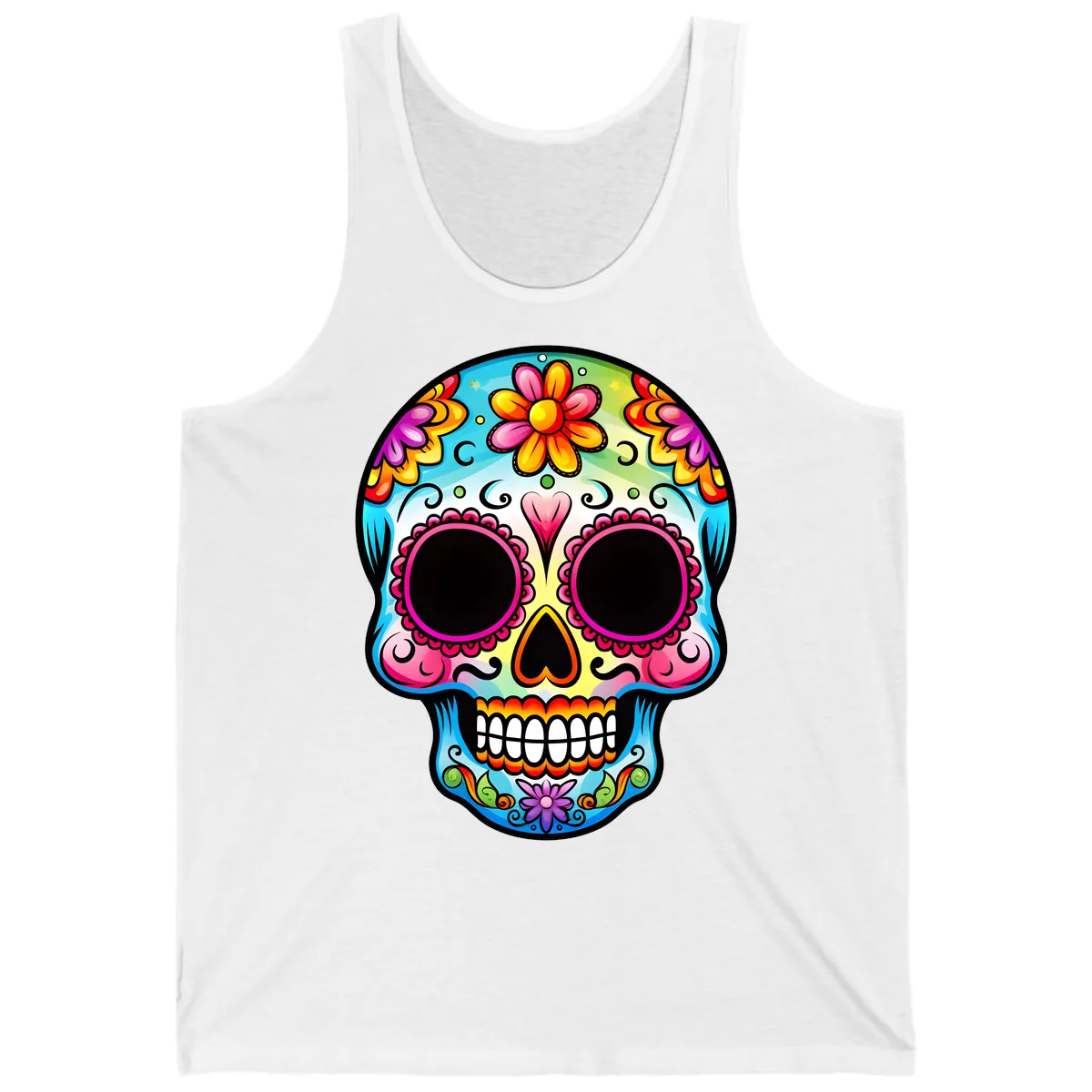 Vibrant Floral Calavera Sugar Skull Design Tank in White