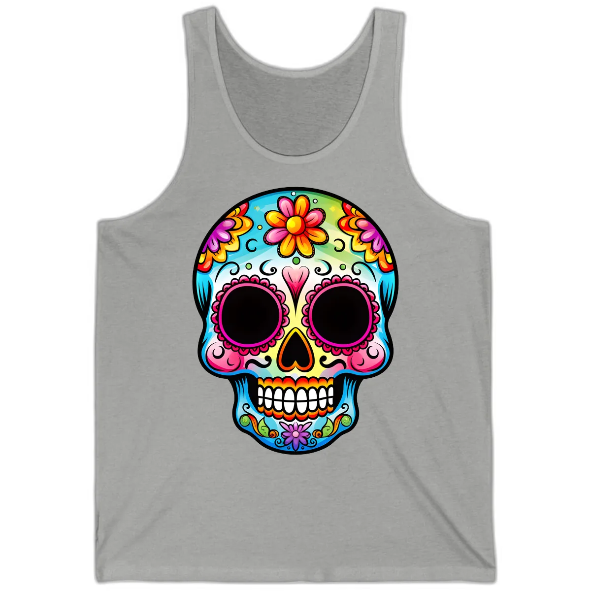 Vibrant Floral Calavera Sugar Skull Design Tank in Athletic Heather