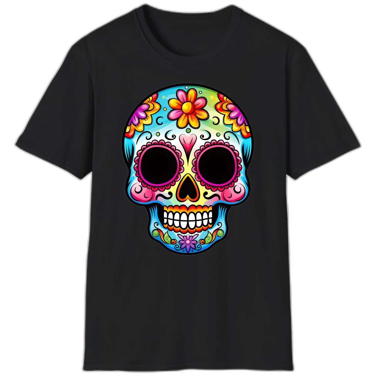 Vibrant Floral Calavera Sugar Skull Design T-Shirt in Black