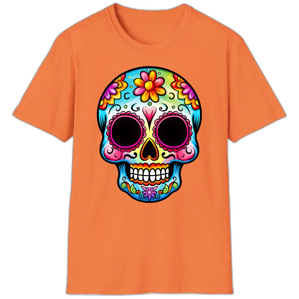 Vibrant Floral Calavera Sugar Skull Design T-Shirt in Heather Orange