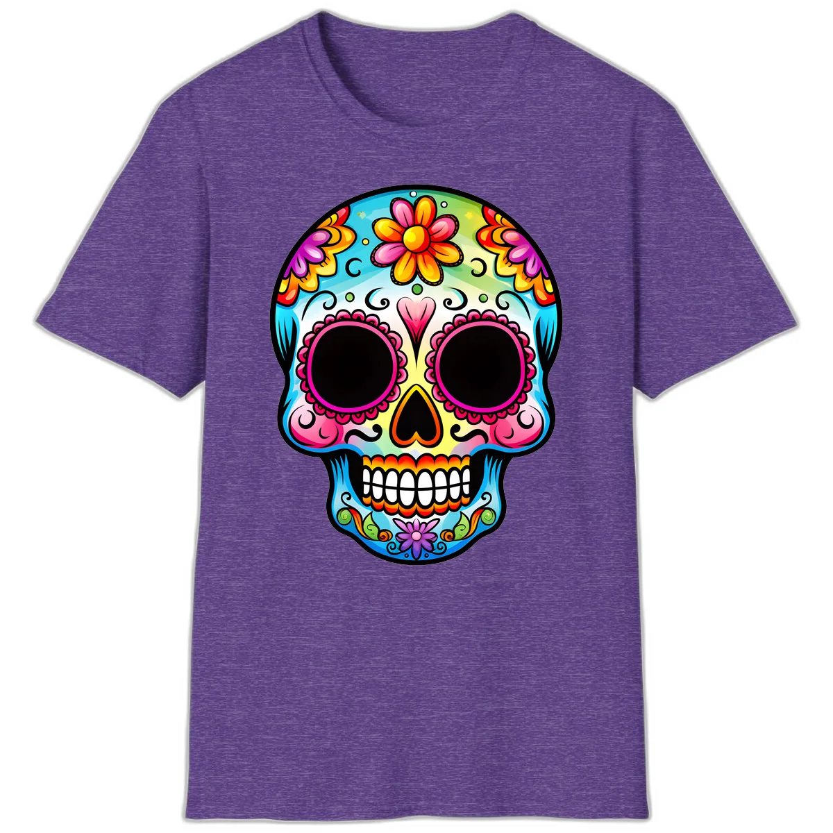 Vibrant Floral Calavera Sugar Skull Design T-Shirt in Heather Purple