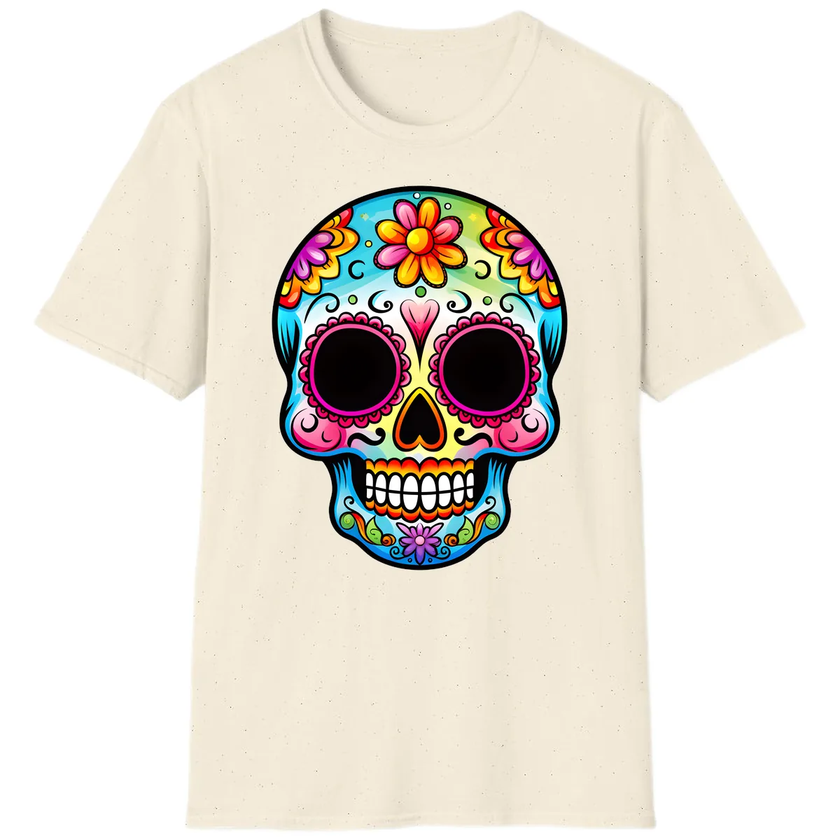 Vibrant Floral Calavera Sugar Skull Design T-Shirt in Natural