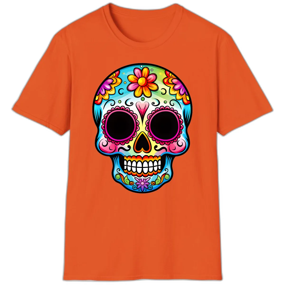 Vibrant Floral Calavera Sugar Skull Design T-Shirt in Orange