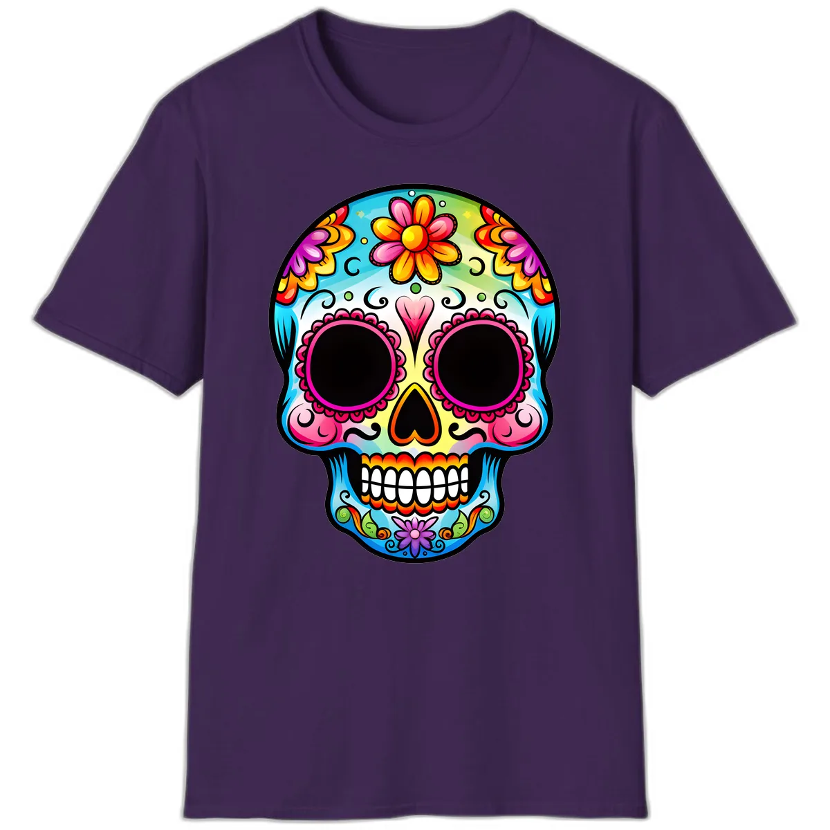 Vibrant Floral Calavera Sugar Skull Design T-Shirt in Purple